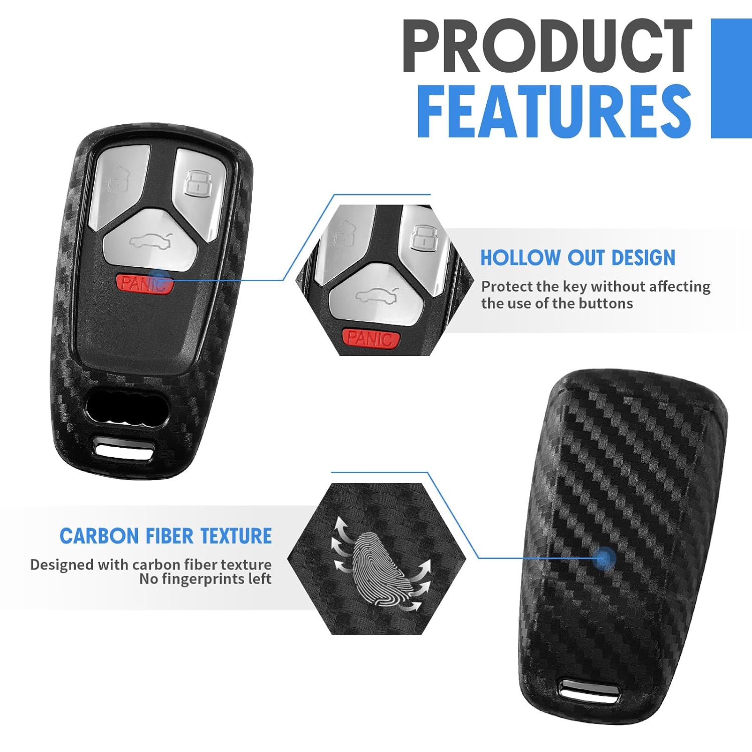 WORCAS Carbon Fiber Silicone Key Fob Cover for Audi — Type-C Button