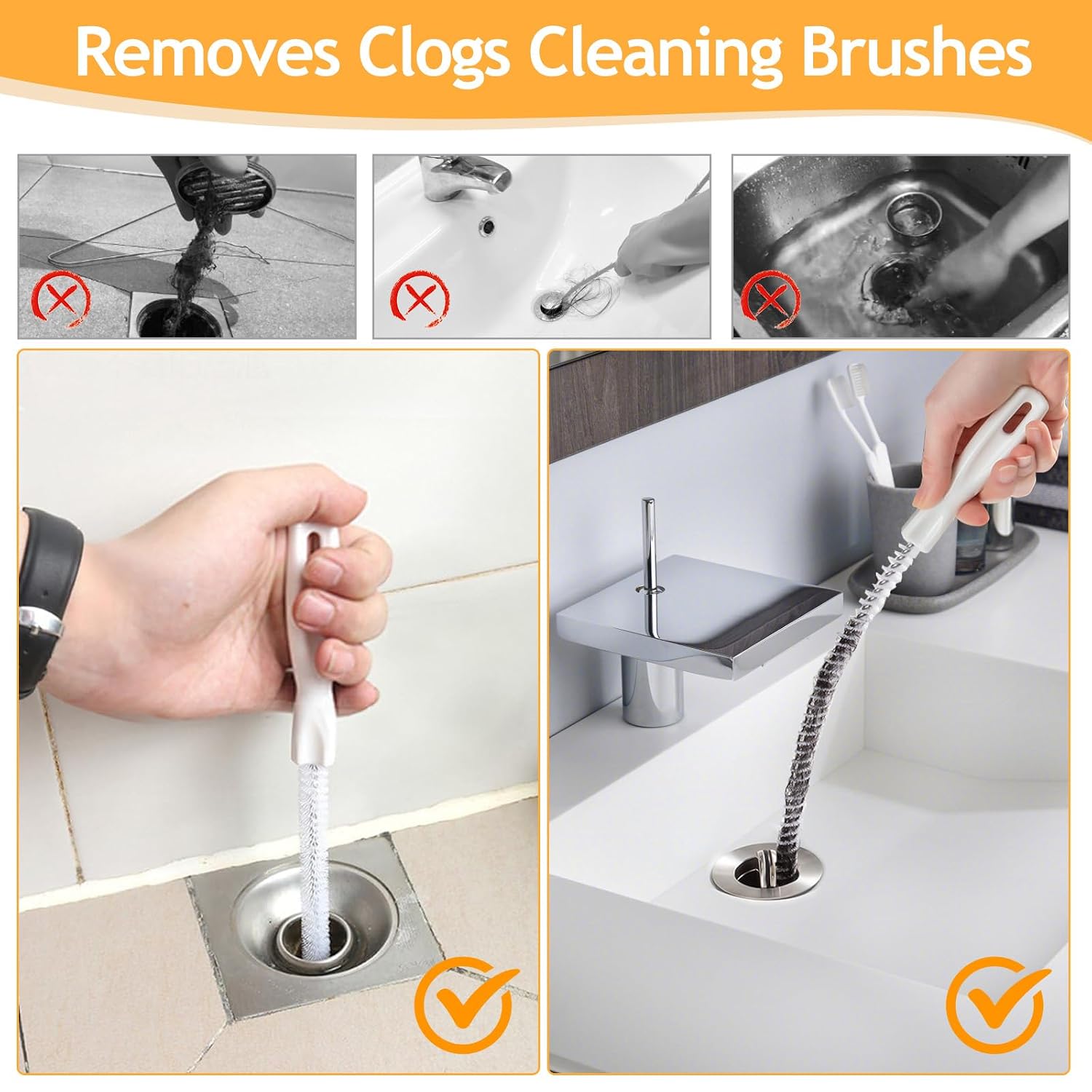 Drain Cleaning Brush — Flexible Long-Handle Sink and Tub Clog Remover