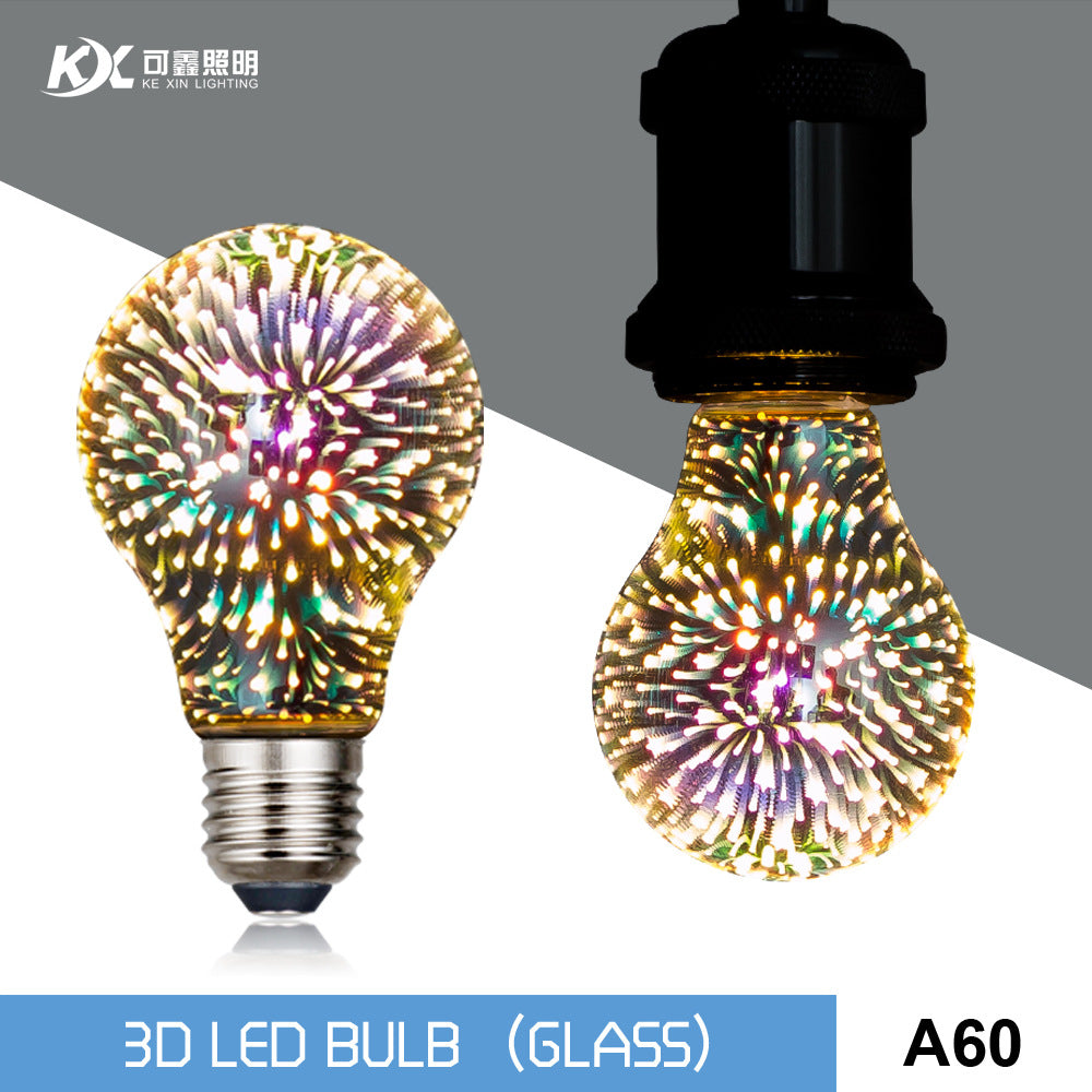 A60 3D烟花灯泡 圣诞节氛围装饰炫彩泡灯玻璃球泡创意跨境